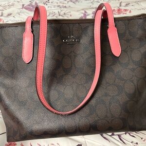 Coach Signature Brown Tote with Pink Accents